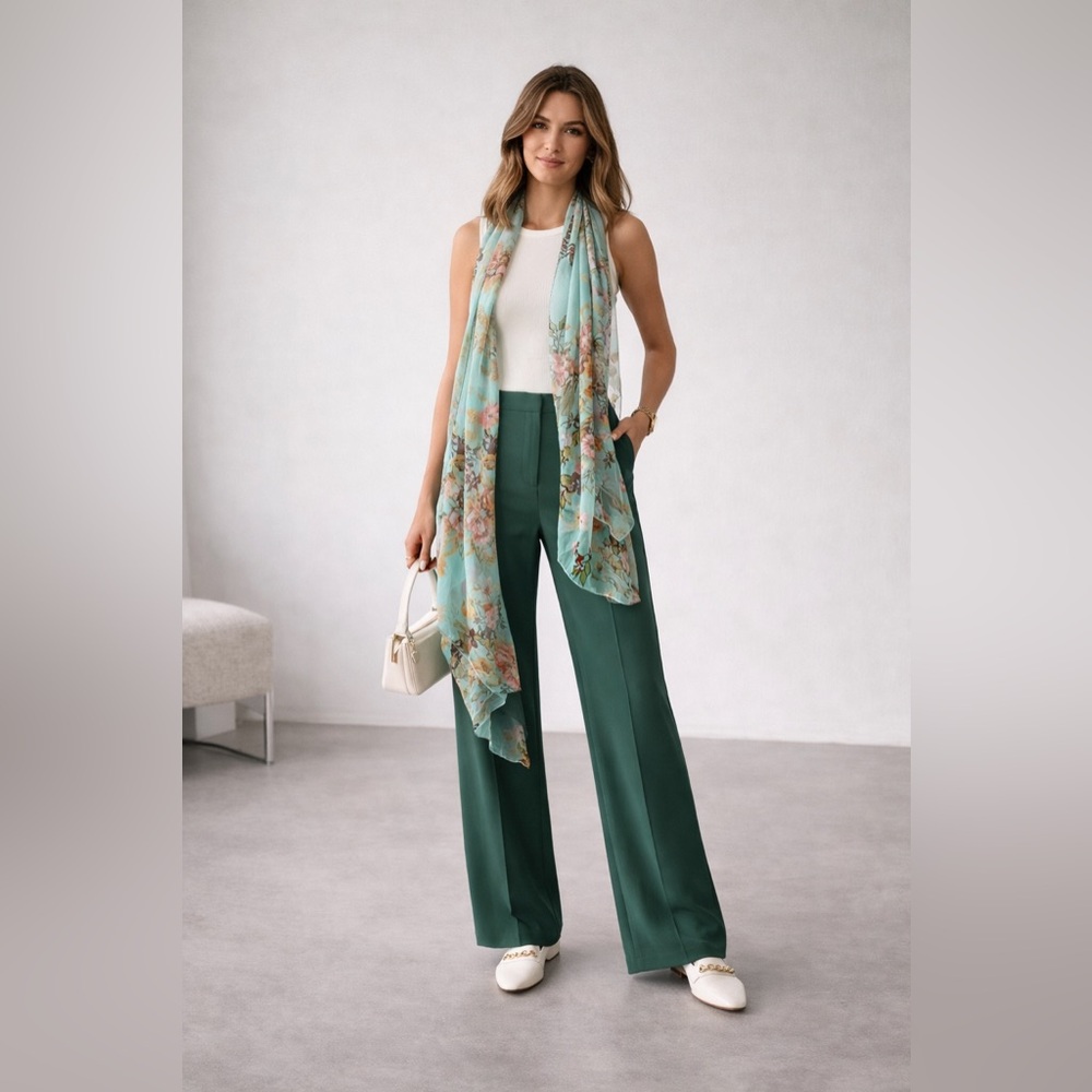 100% silk Italian Floral Sheer Scarf - Mint Green